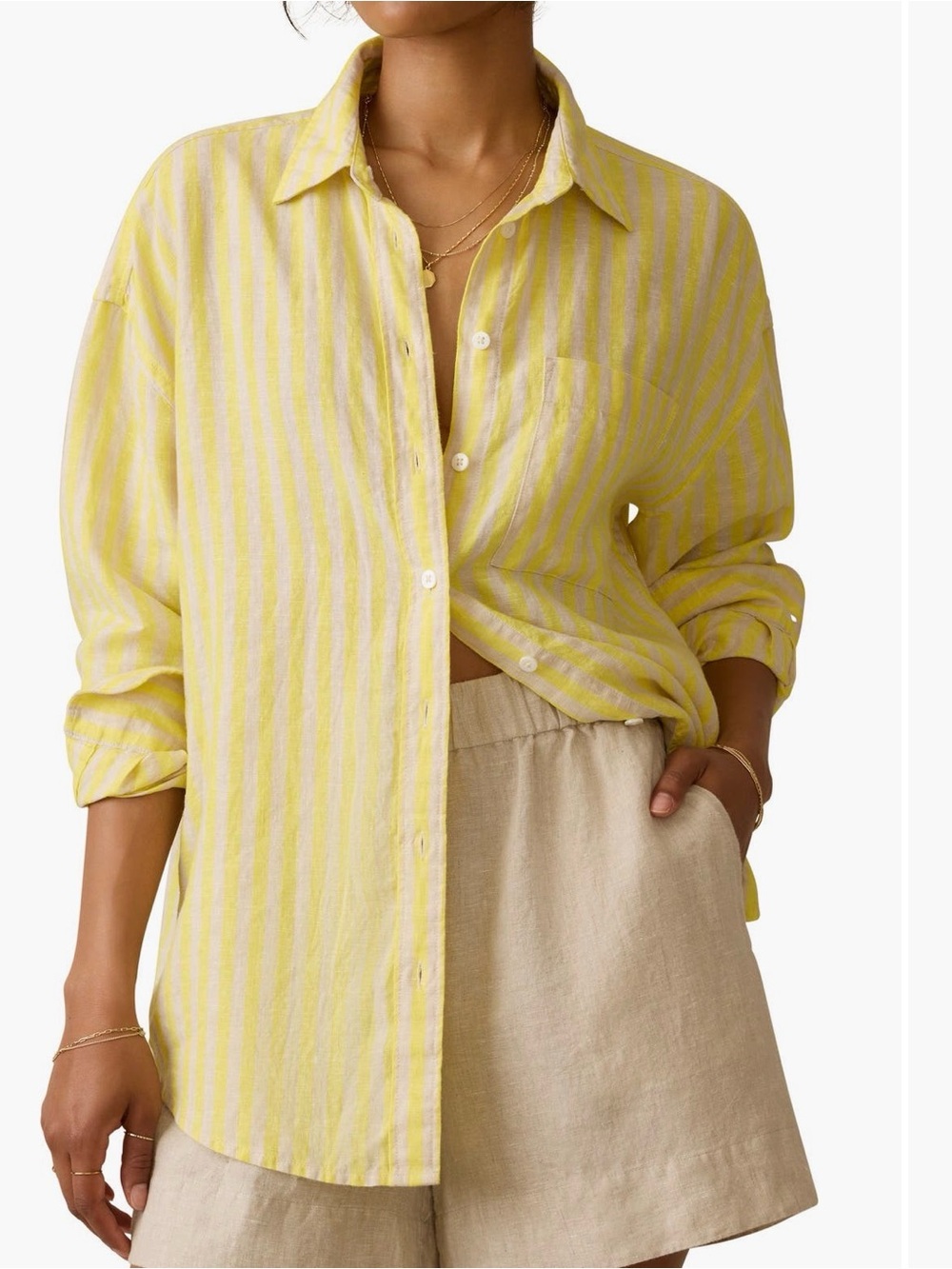 Faherty women Yellow & White Striped 100% linen Button Down Shirt sz S